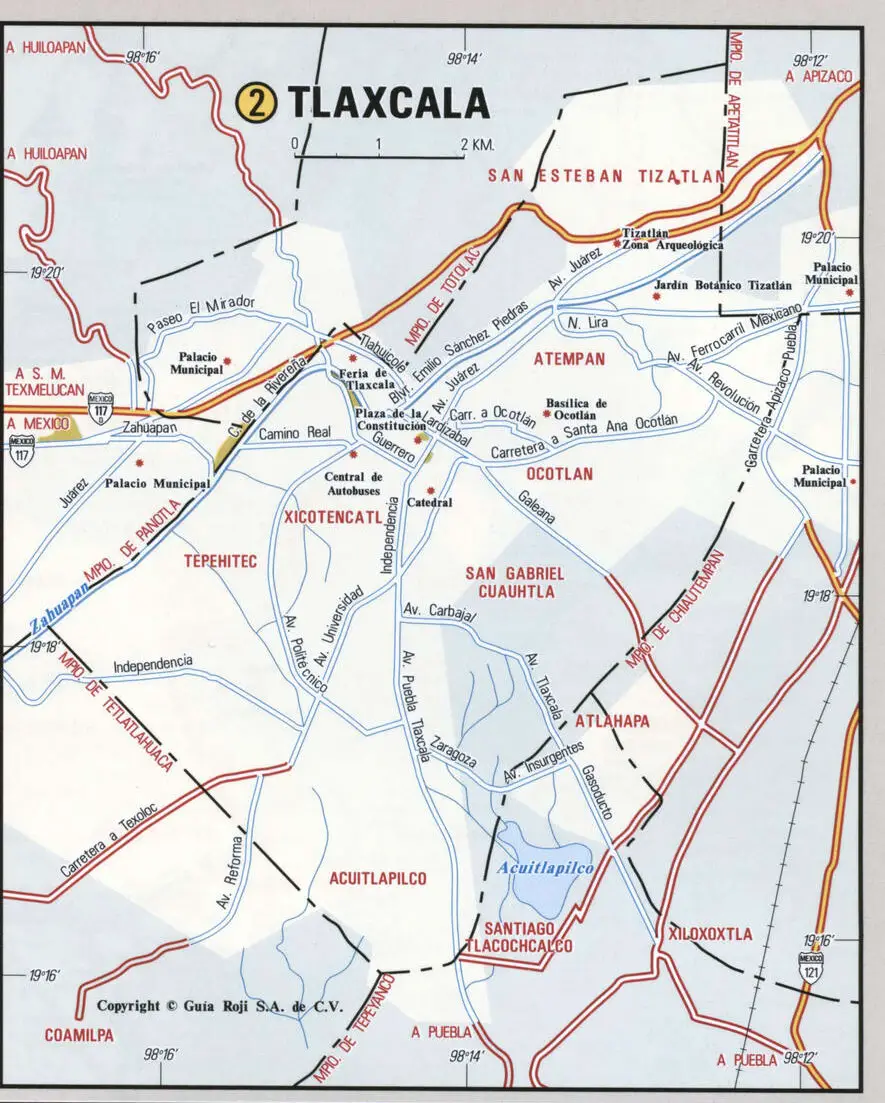 Tlaxcala city map. Detailed map of Tlaxcala with streets, roads, and public places. Tlaxcala city map. Detailed map of Tlaxcala with streets, roads, and public places.