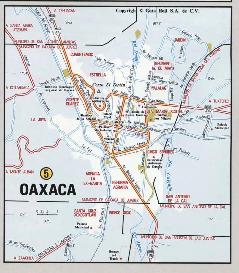 Oaxaca city map. Detailed map of Oaxaca with streets, roads, and public places. Oaxaca city map. Detailed map of Oaxaca with streets, roads, and public places.