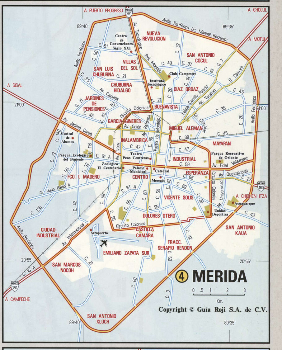 Merida city map. Detailed map of Merida with streets, roads, and public places. Merida city map. Detailed map of Merida with streets, roads, and public places.