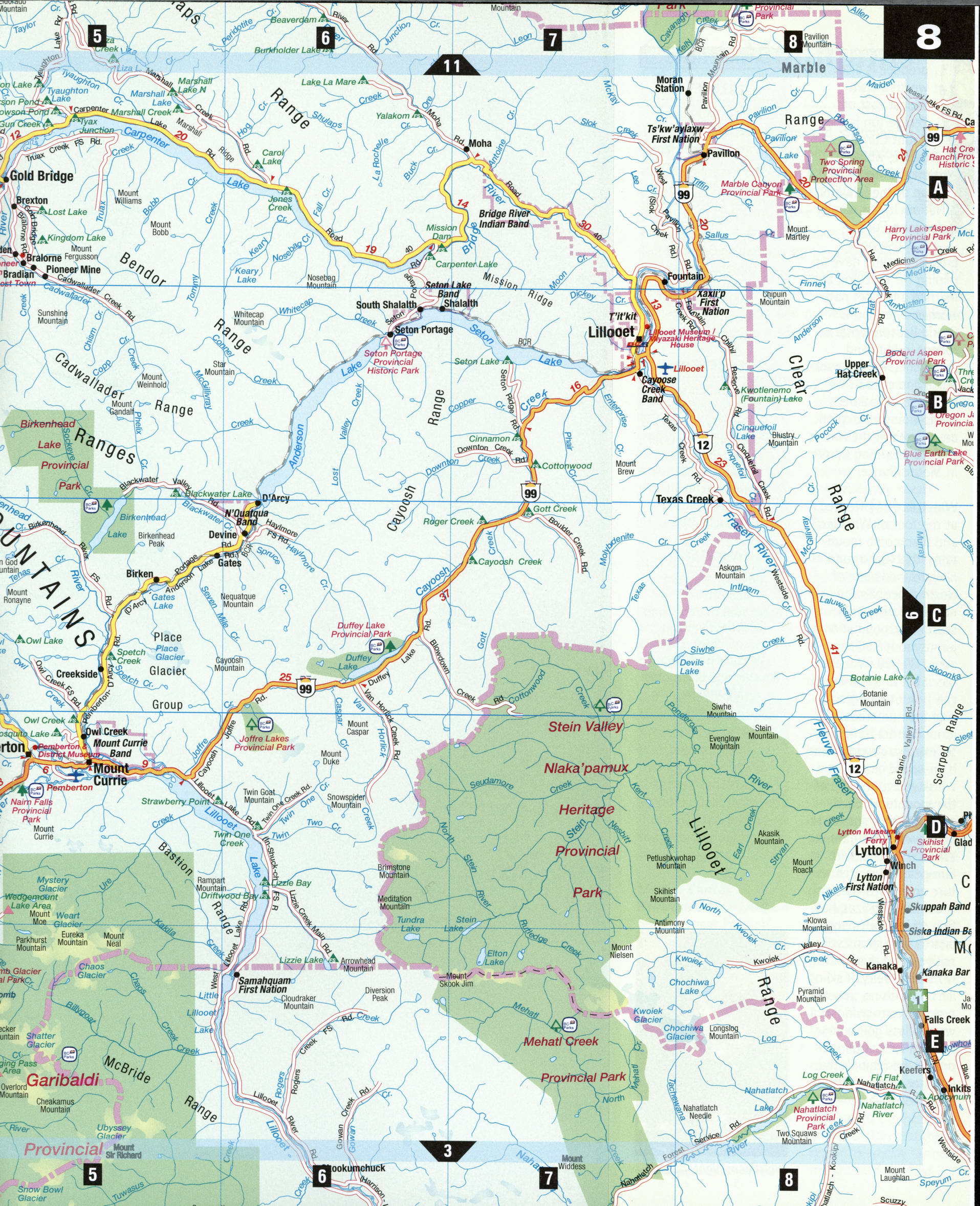 Squamish Lillooet. Detailed map of the surroundings of Lillooet with roads, villages, names of rivers and streams, mountains, and hills. Squamish Lillooet. Detailed map of the surroundings of Lillooet with roads, villages, names of rivers and streams, mountains, and hills.