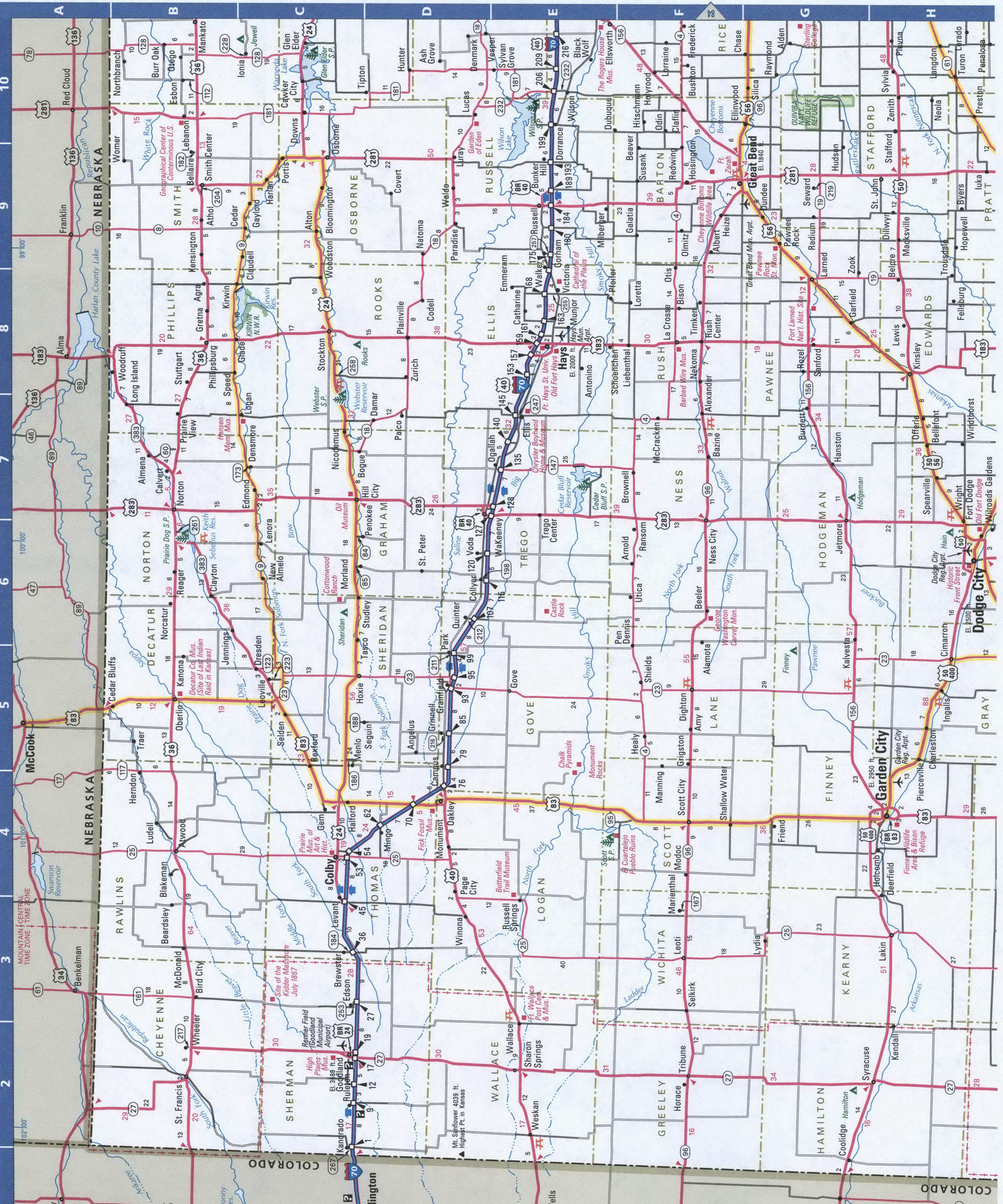 West Kansas map. Detailed map of all roads in Western Kansas with distances between cities and towns. West Kansas map. Detailed map of all roads in Western Kansas with distances between cities and towns.