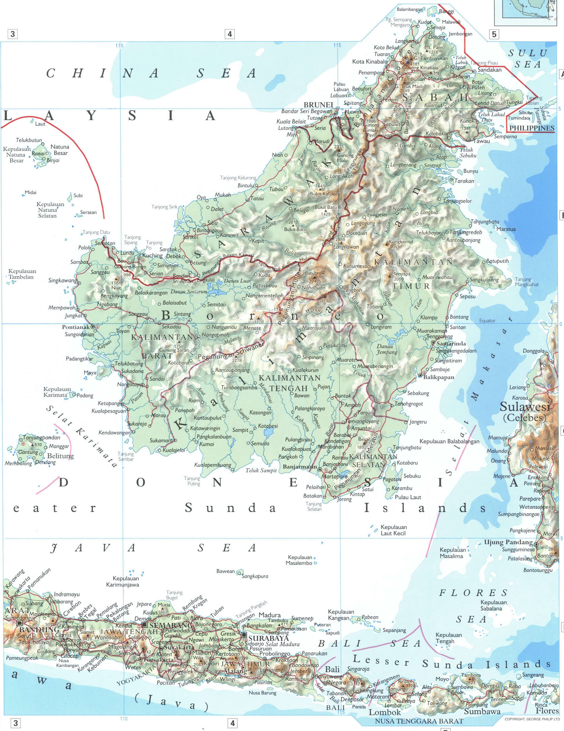 Western Indonesia physical map, Borneo Island Western Indonesia physical map, Borneo Island