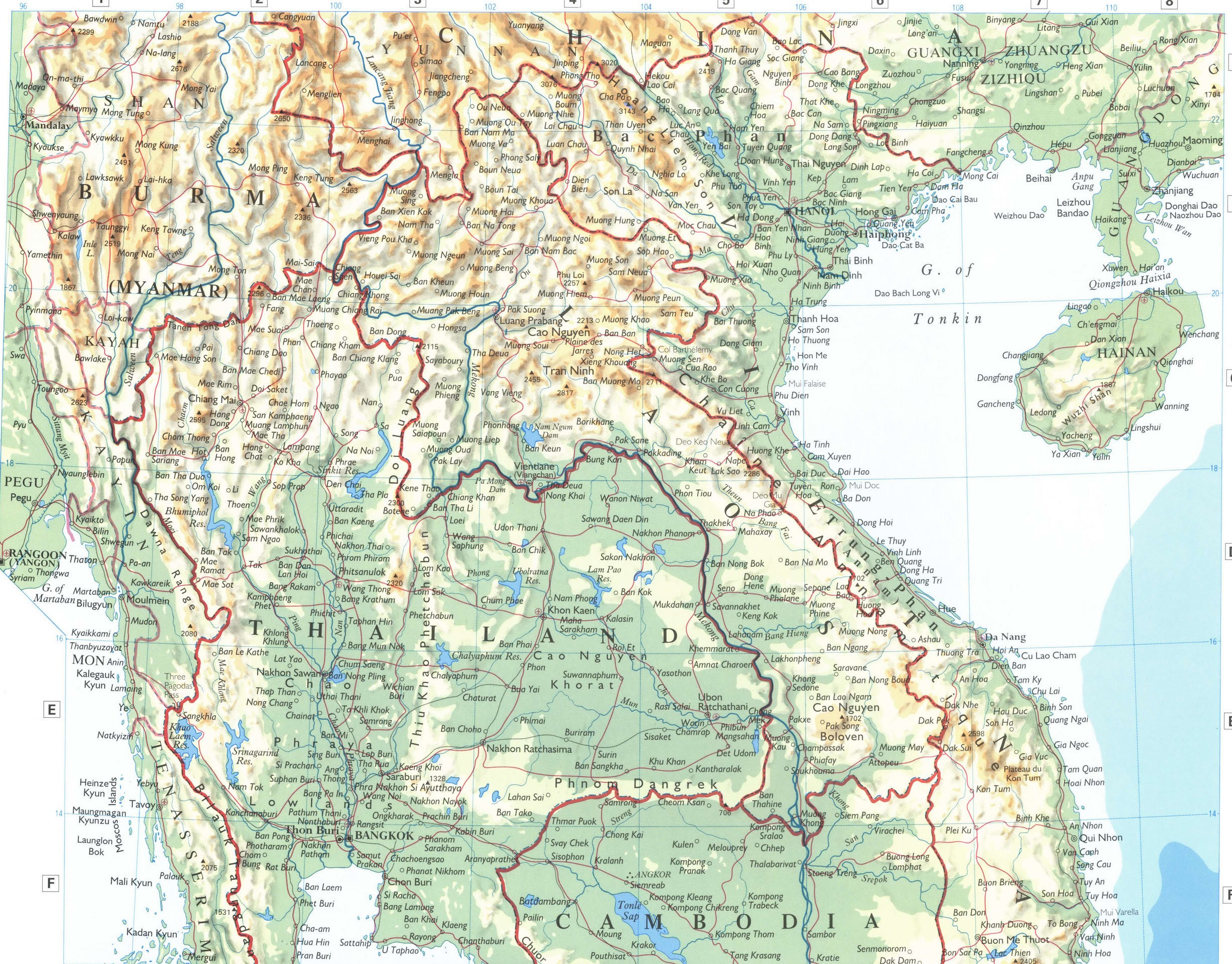 Laos and Thailand map with cities