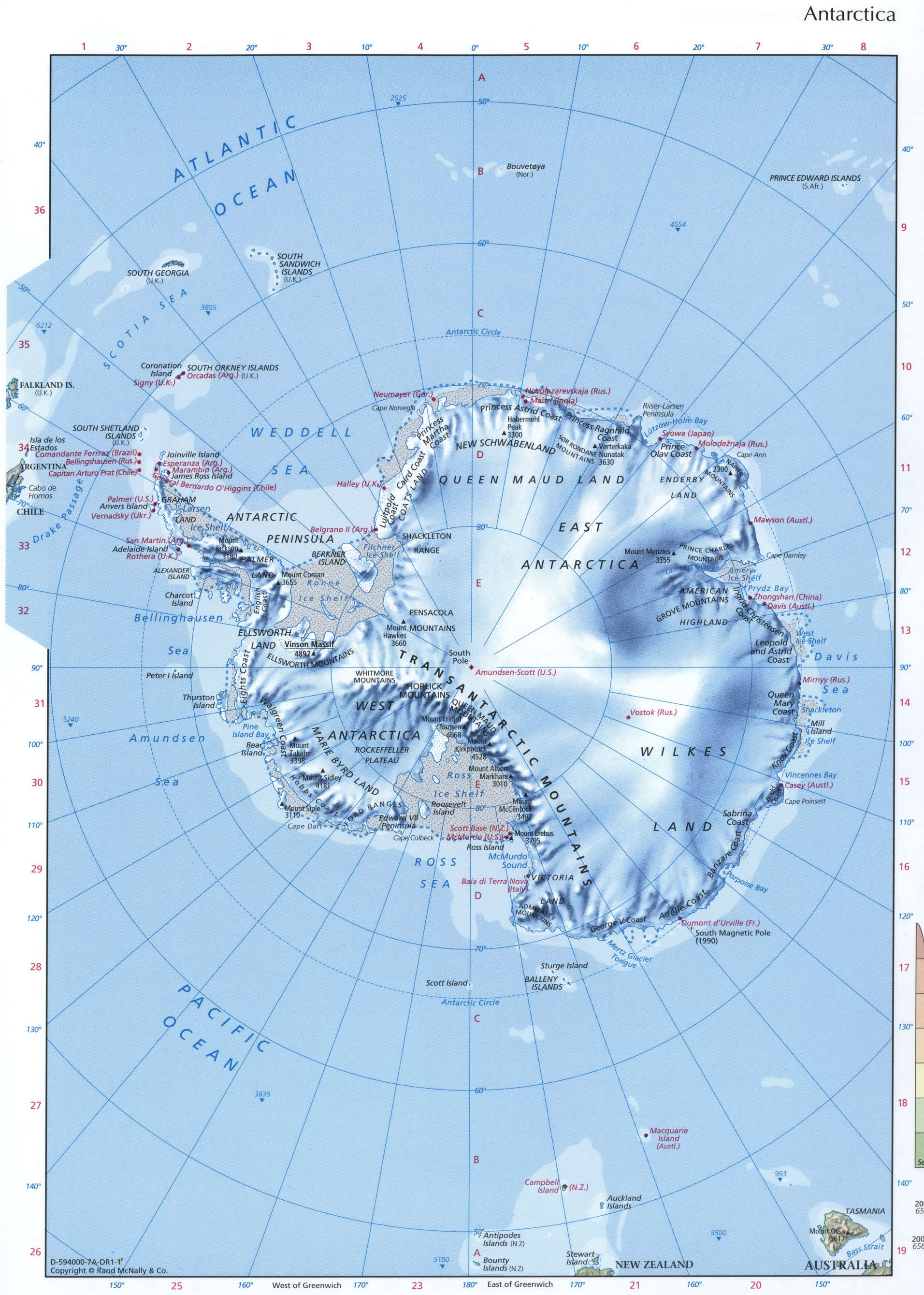 Antarctica map. Phisical map of Antarctica. South Pole on a detailed map of Antarctica Antarctica map. Phisical map of Antarctica. South Pole on a detailed map of Antarctica