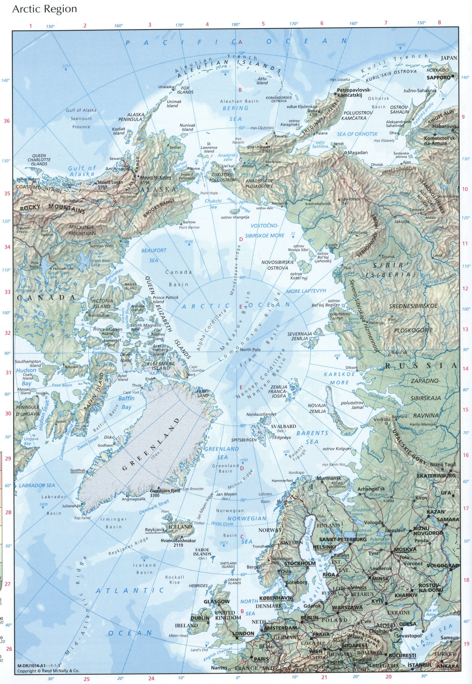 Map Arctic region. Phisical map of Arctic region. The North Pole on a detailed map of the Arctic Map Arctic region. Phisical map of Arctic region. The North Pole on a detailed map of the Arctic
