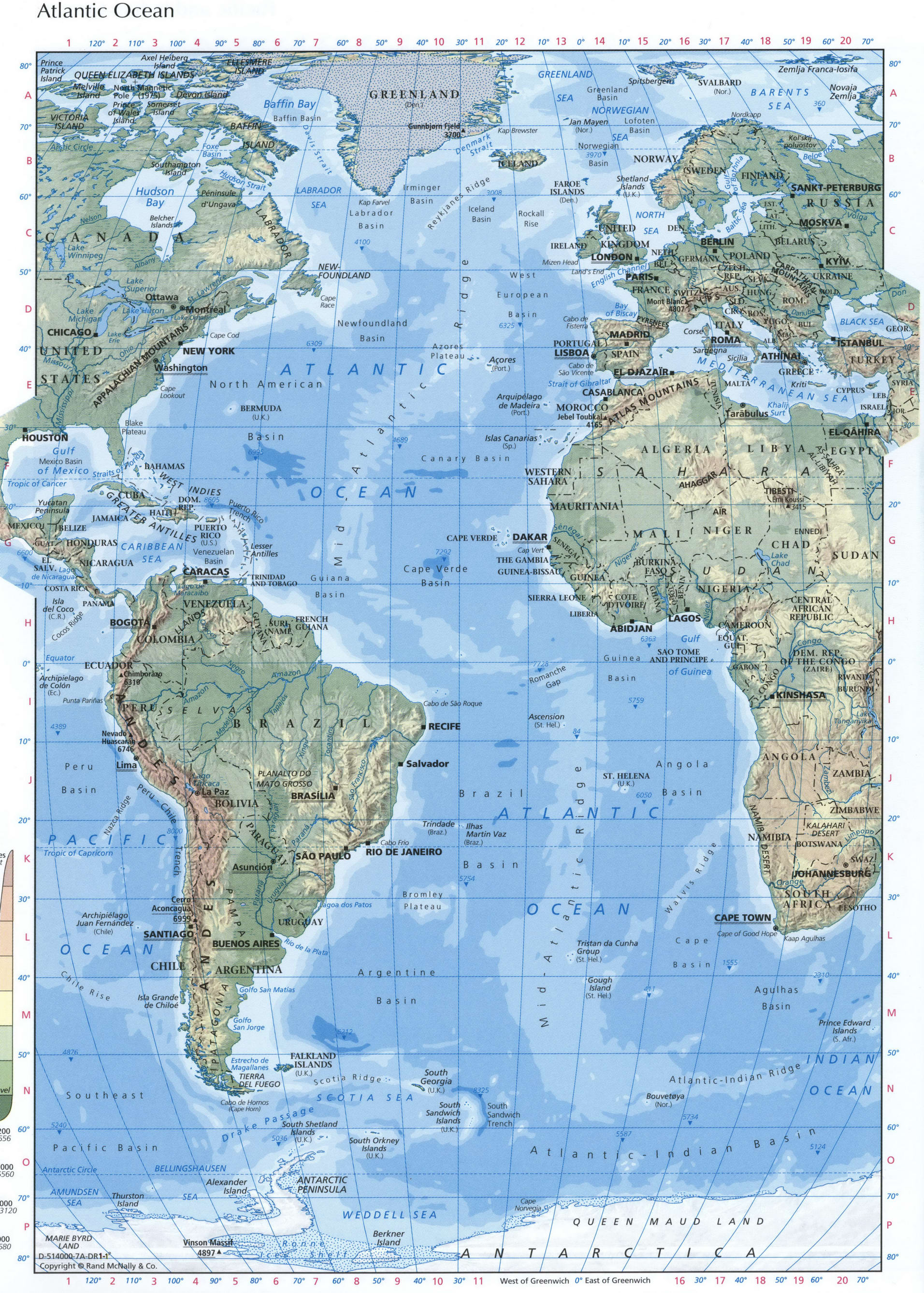 Map of Atlantic ocean. Phisical map of Atlantic ocean. Detailed geographical map of the Atlantic Ocean Map of Atlantic ocean. Phisical map of Atlantic ocean. Detailed geographical map of the Atlantic Ocean