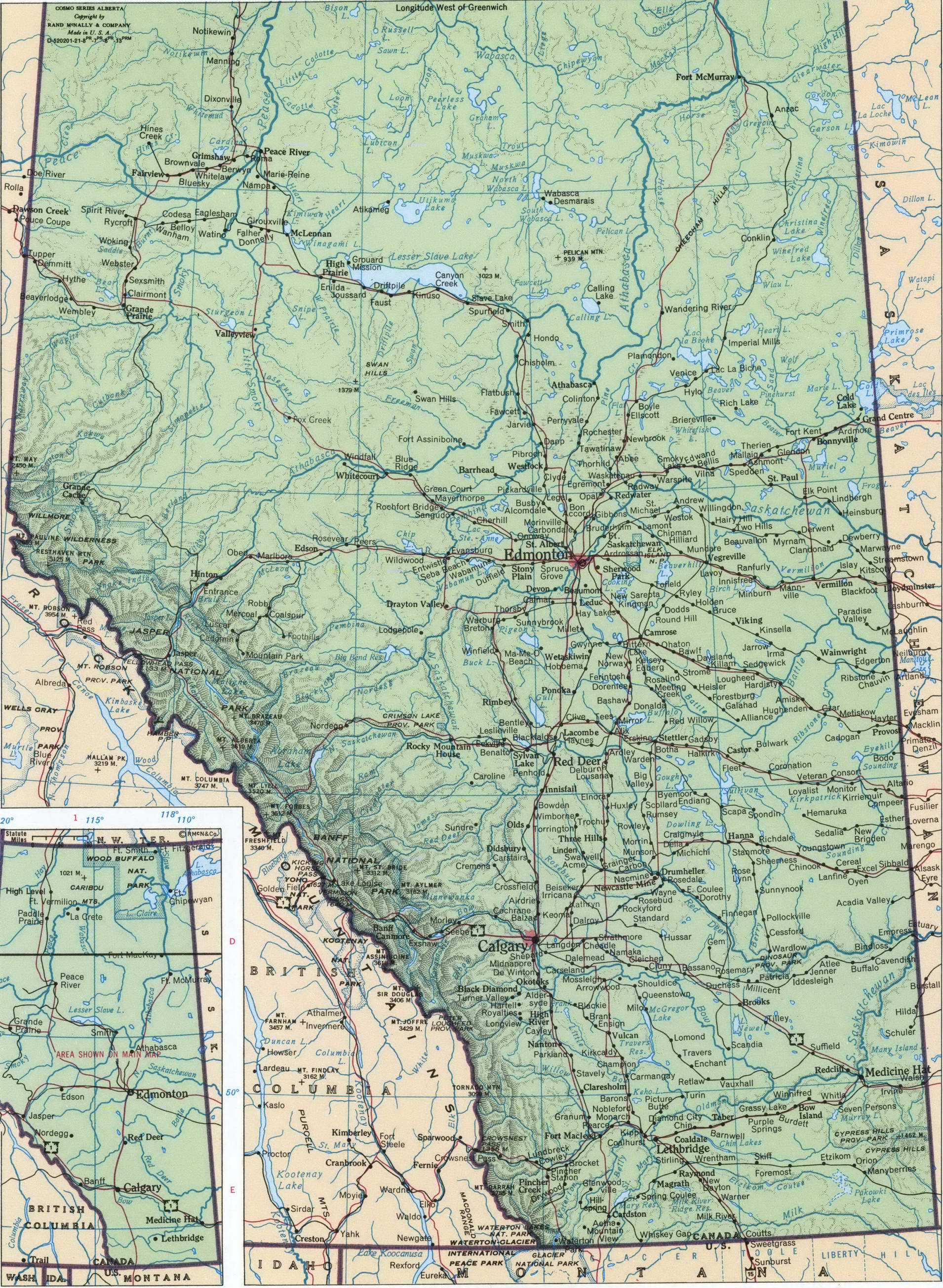 Geographic map of Alberta. Detailed map of Alberta (Canada) with roads, highways, cities, towns, and villages. Geographic map of Alberta. Detailed map of Alberta (Canada) with roads, highways, cities, towns, and villages.