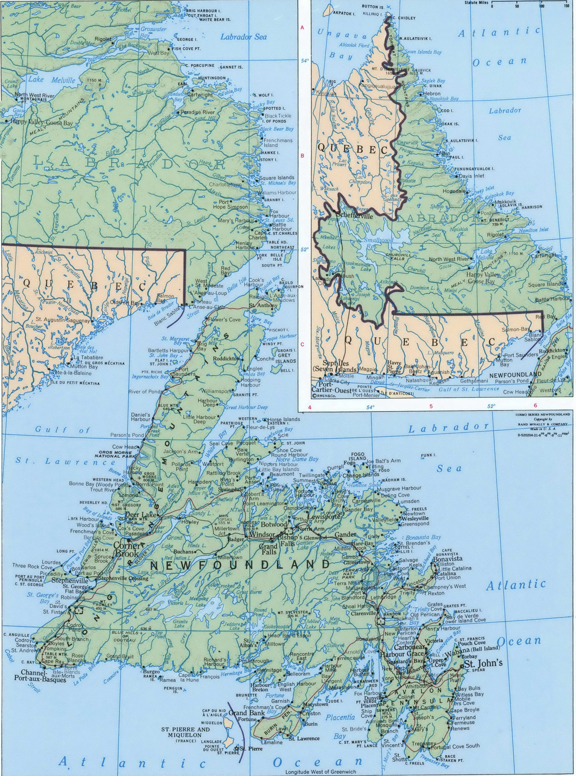 Geographic map of Newfoundland and Labrador. Detailed map of Newfoundland and Labrador with cities, towns, and villages. Geographic map of Newfoundland and Labrador. Detailed map of Newfoundland and Labrador with cities, towns, and villages.