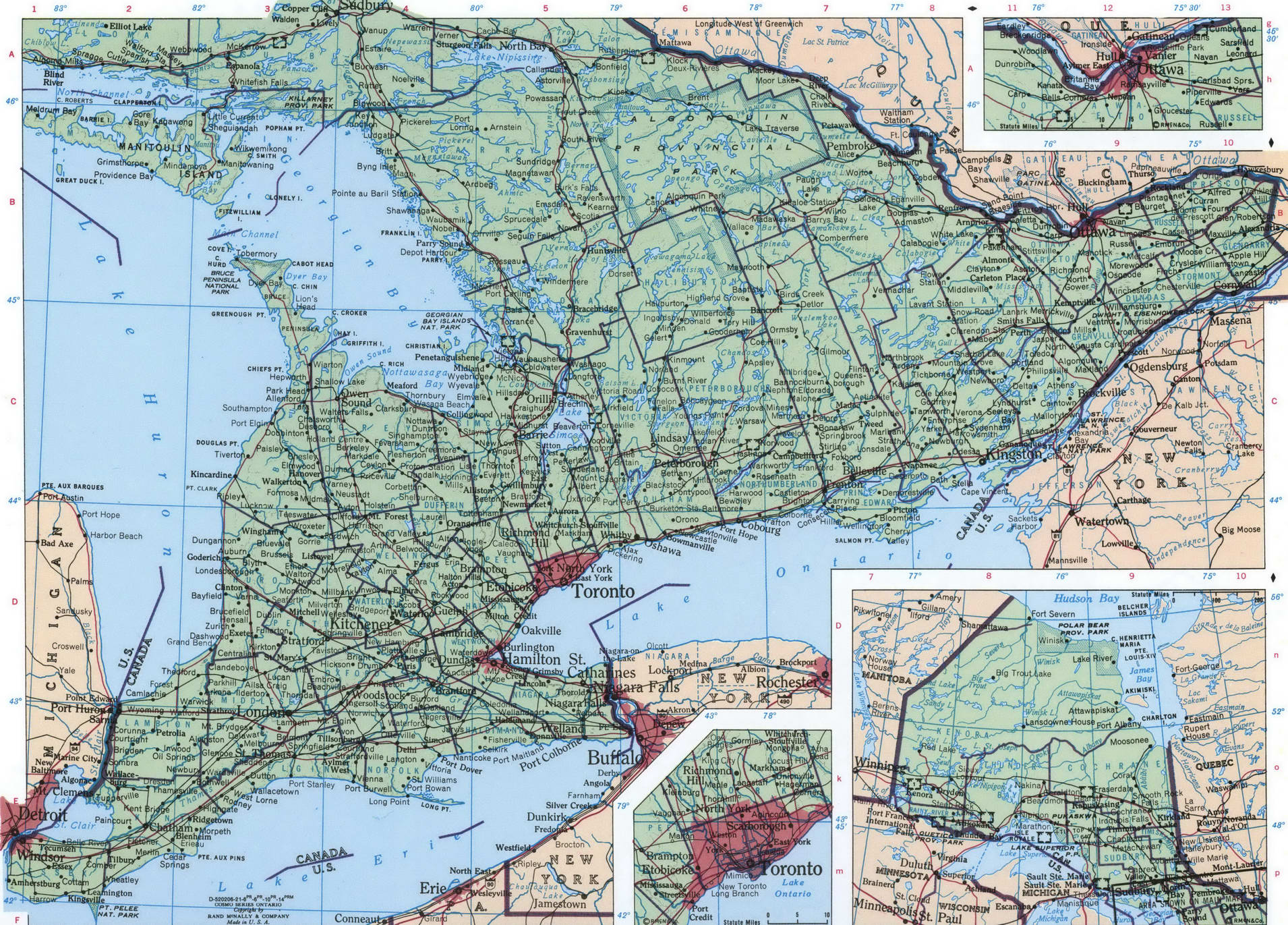 Ontario geographic map. Detailed map of Ontario with cities, towns, and villages. Ontario geographic map. Detailed map of Ontario with cities, towns, and villages.