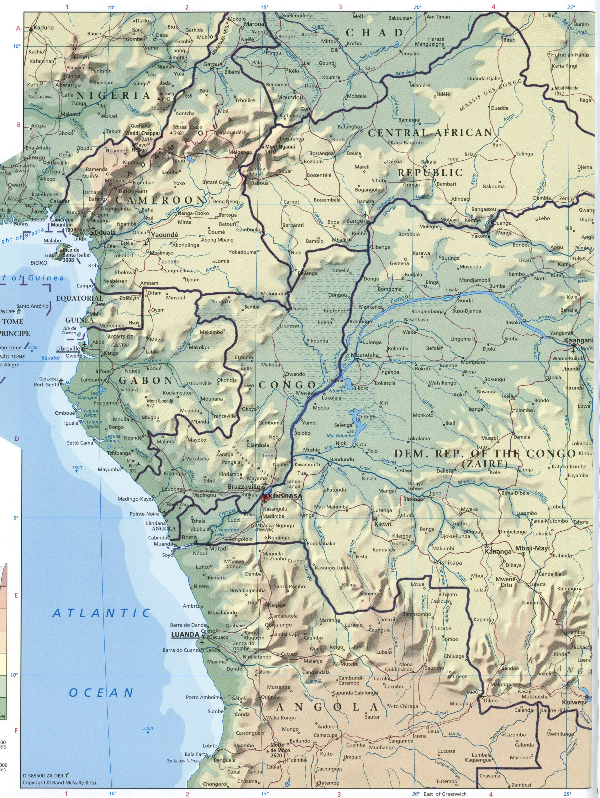Central Africa map - west part. Detailed phisical map of Equatorial Africa Central Africa map - west part. Detailed phisical map of Equatorial Africa