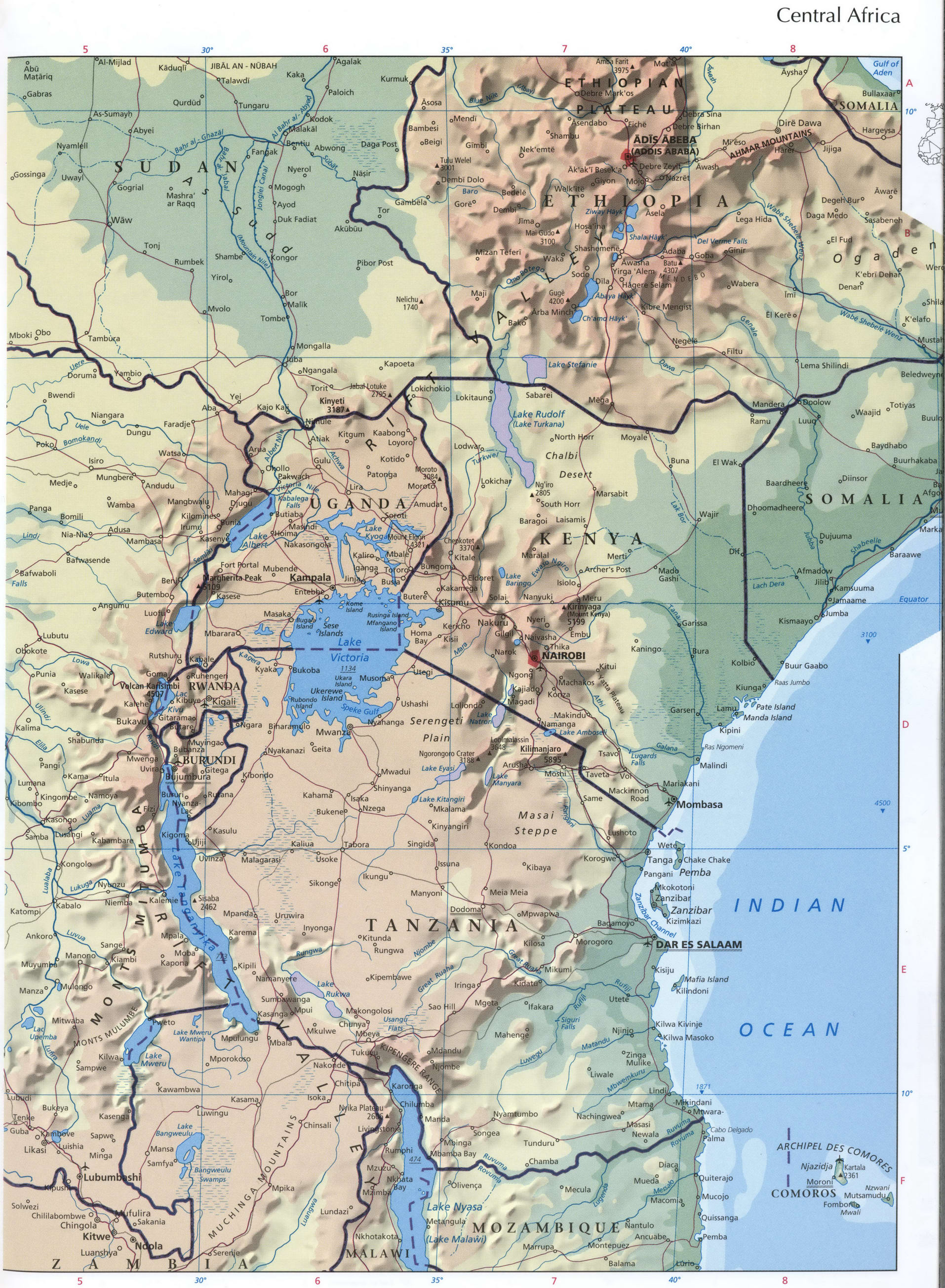 Central Africa map - east part. Detailed phisical map of eastern Equatorial Africa Central Africa map - east part. Detailed phisical map of eastern Equatorial Africa
