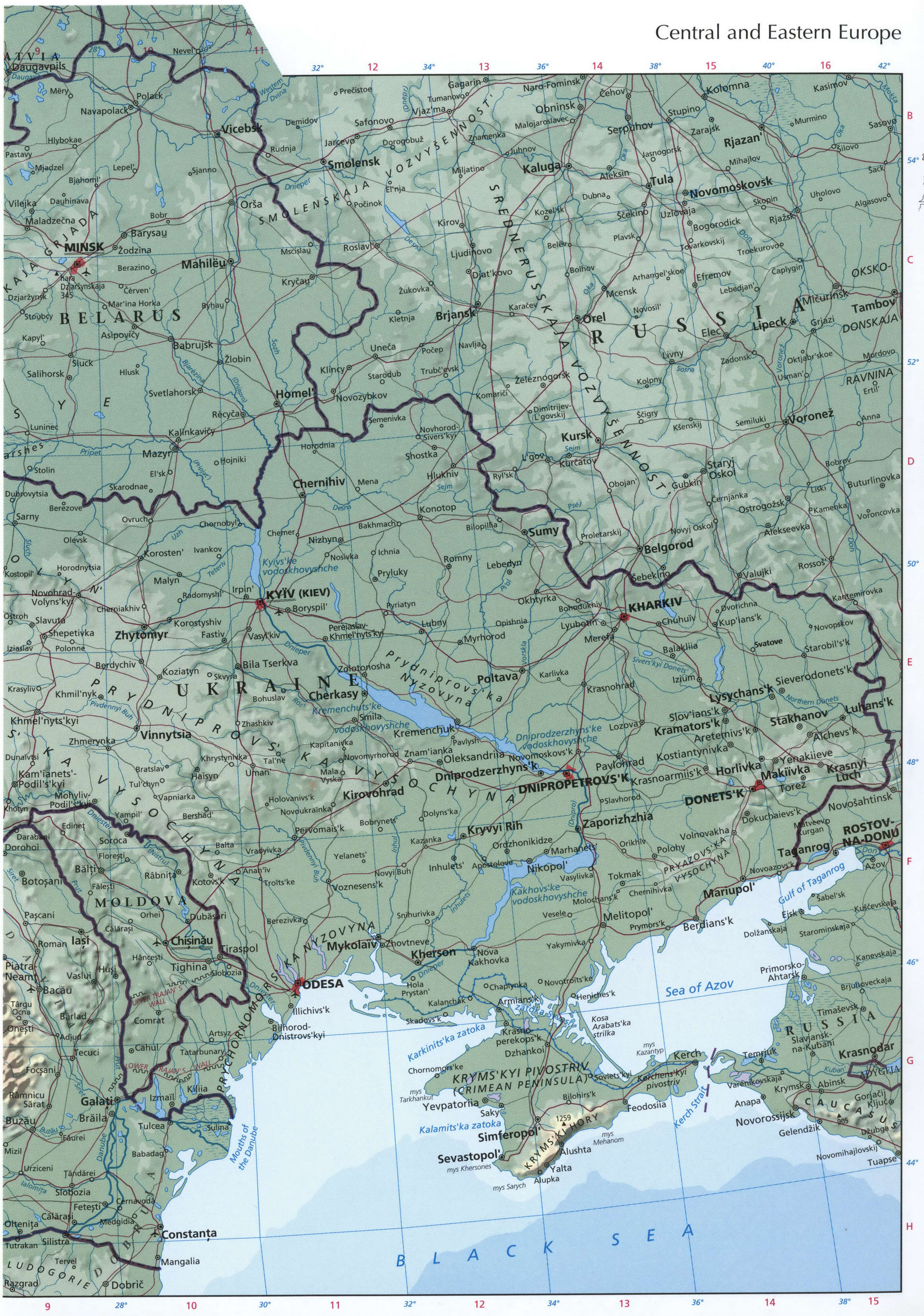 Central Europe map - eastern part. Phisical map of east Europe Central Europe map - eastern part. Phisical map of east Europe