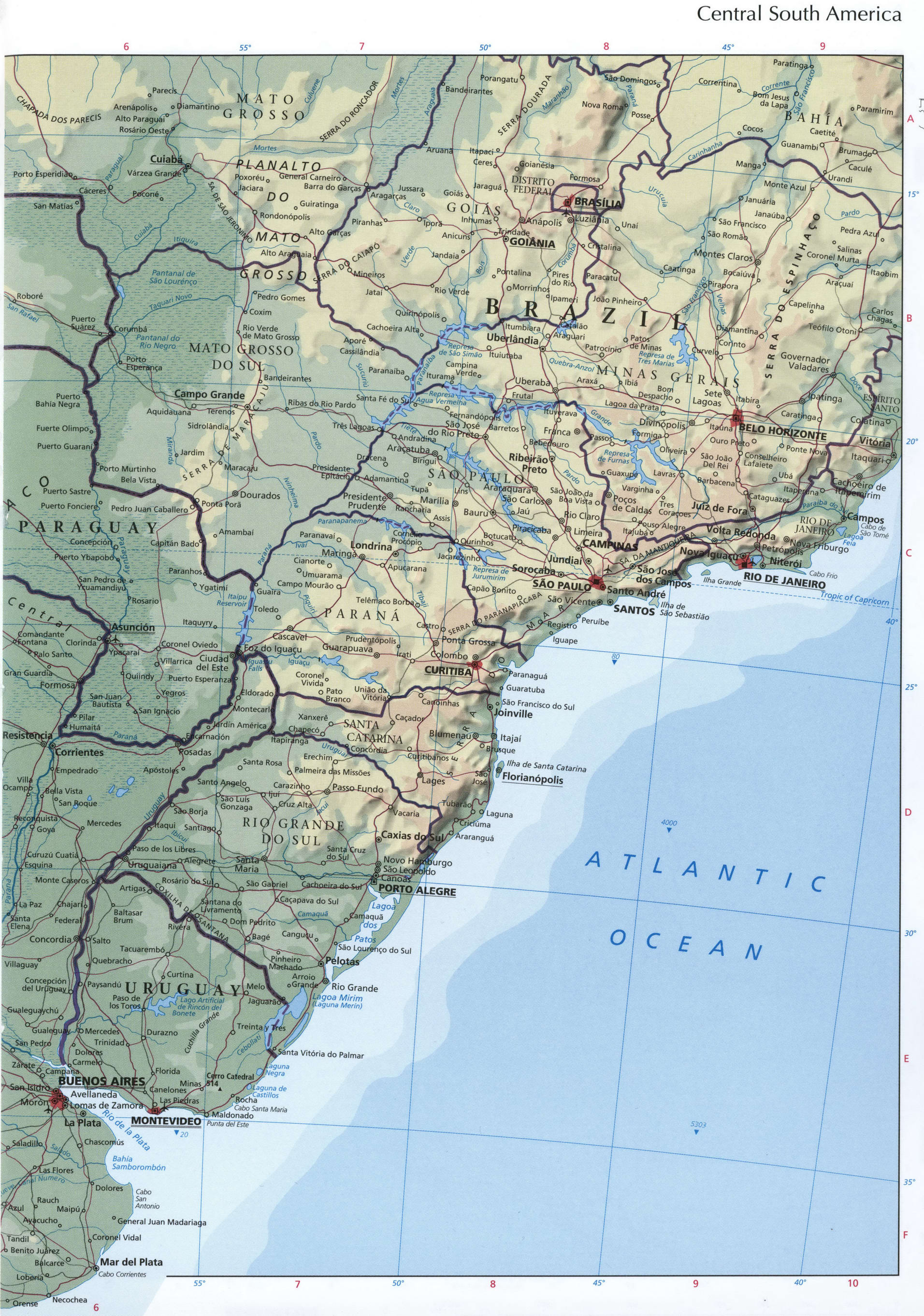 Central South America map - eastern part. Detailed physical map of the central part of South America with cities and borders. Central South America map - eastern part. Detailed physical map of the central part of South America with cities and borders.