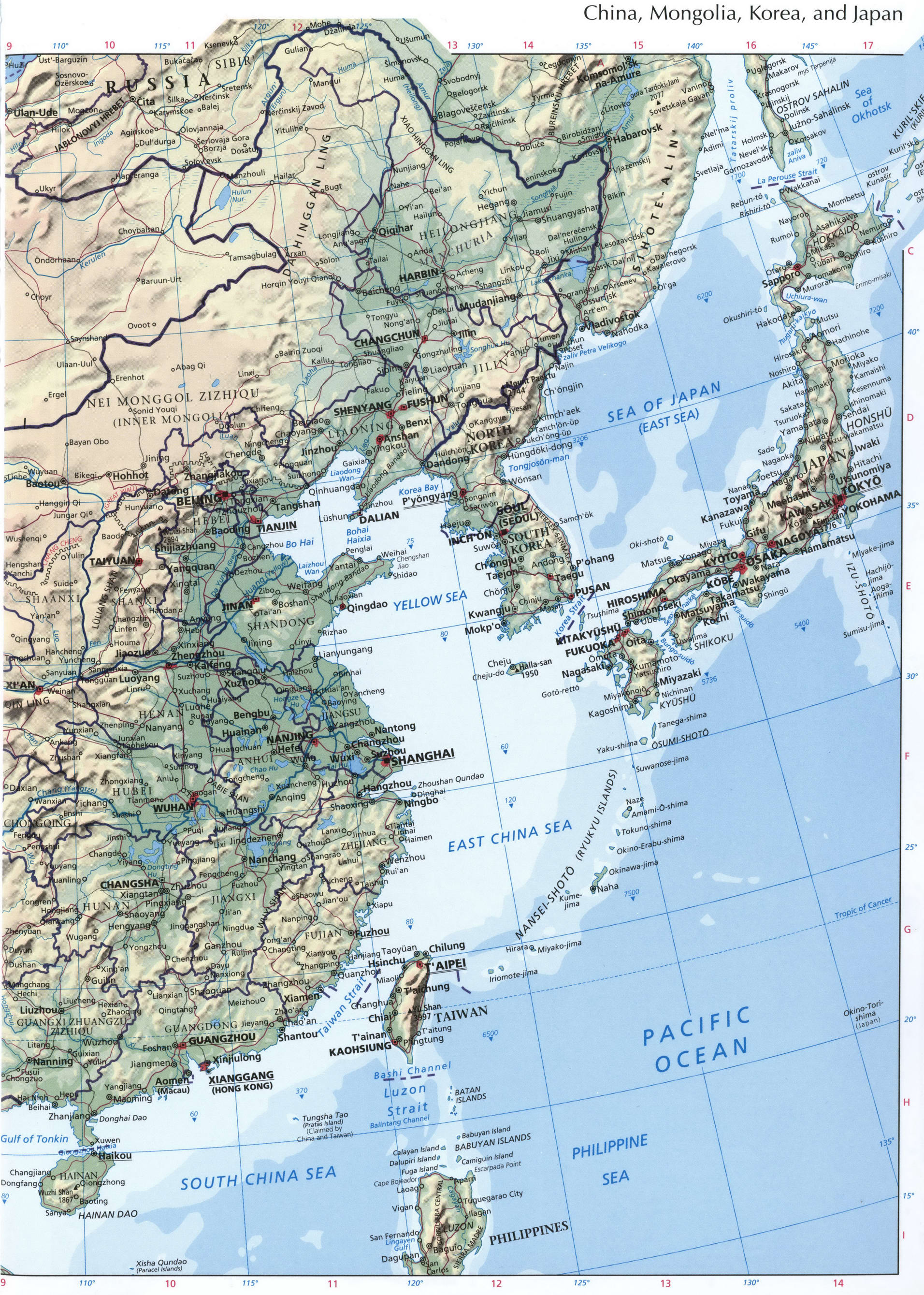 Map of eastern China and Japan. Phisical map of east China, Japan, Korea Map of eastern China and Japan. Phisical map of east China, Japan, Korea