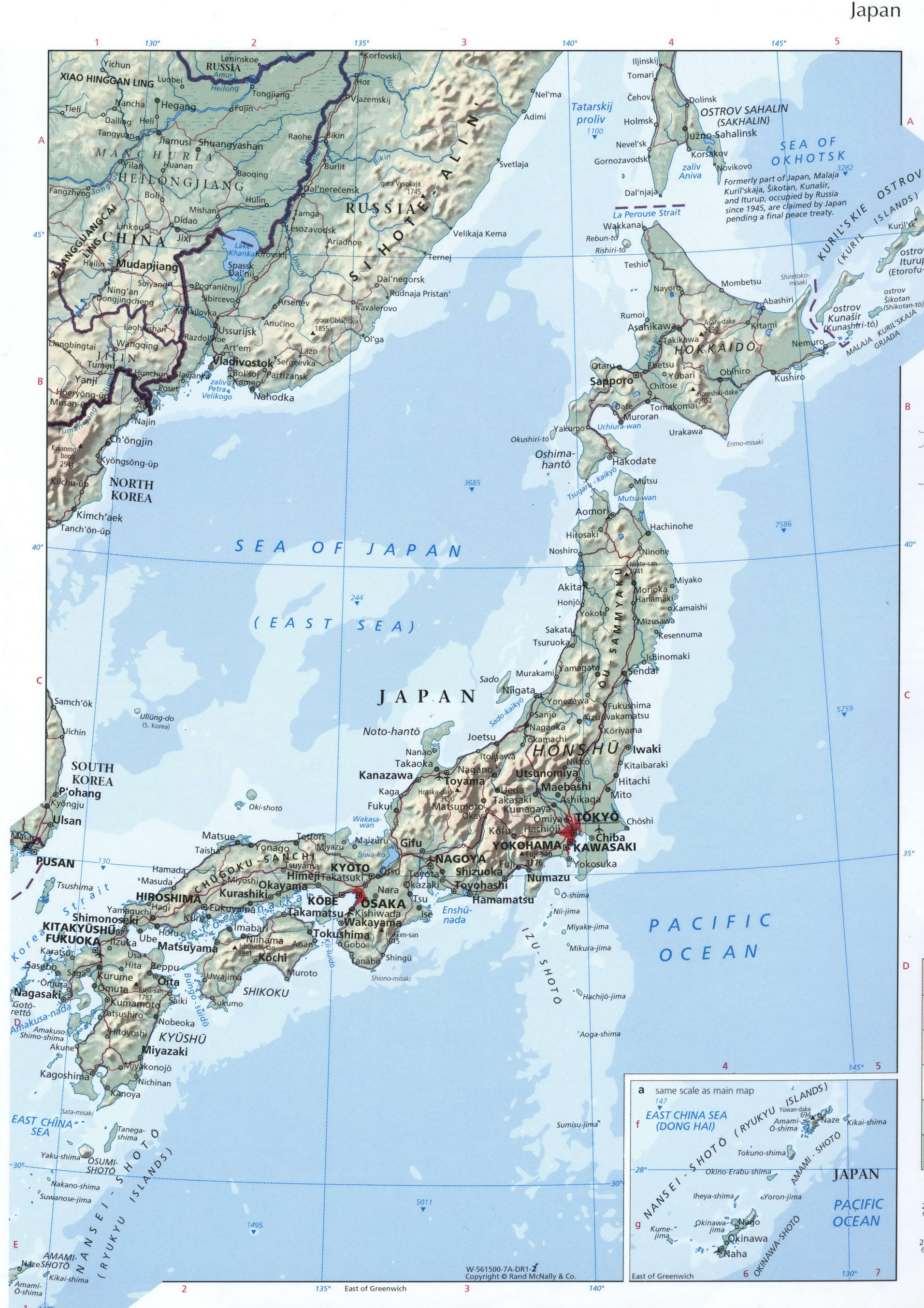 Japan map. Detailed physical map of Japan with towns and cities Japan map. Detailed physical map of Japan with towns and cities