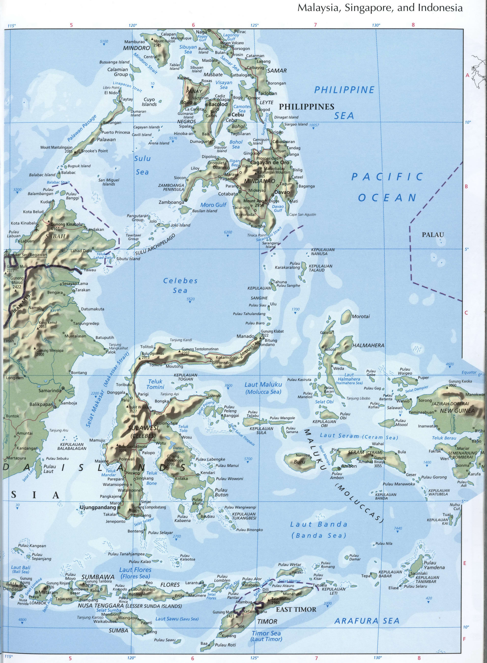 Map of Malaysia and Timor. Detailed physical map of the Philippines with cities and borders Map of Malaysia and Timor. Detailed physical map of the Philippines with cities and borders