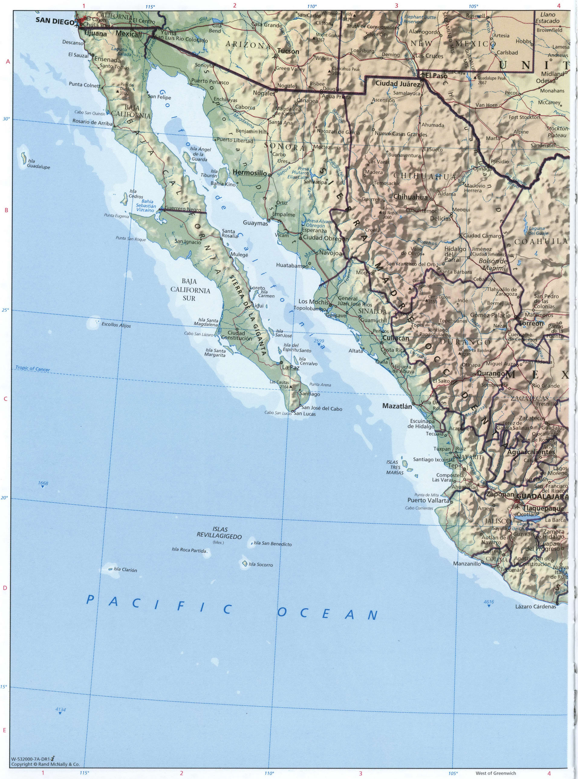 Pacific coast Mexico map. Detailed physical map of Mexico with cities, roads, and terrain Pacific coast Mexico map. Detailed physical map of Mexico with cities, roads, and terrain