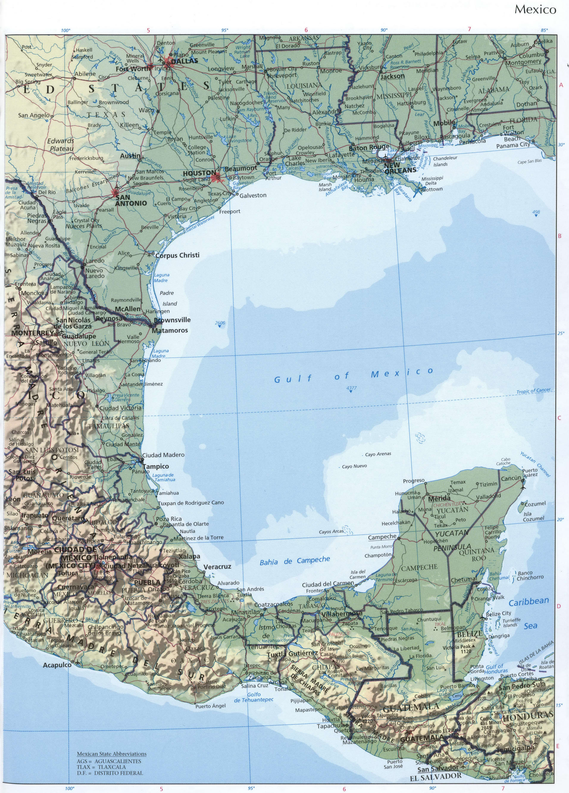 Mexico Atlantic coast map. Detailed physical map of Mexico with cities, roads, and terrain Mexico Atlantic coast map. Detailed physical map of Mexico with cities, roads, and terrain