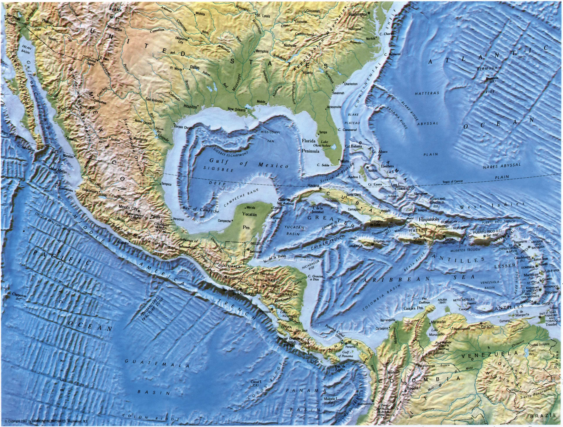 Middle America map. Detailed physical map of equatorial America Middle America map. Detailed physical map of equatorial America
