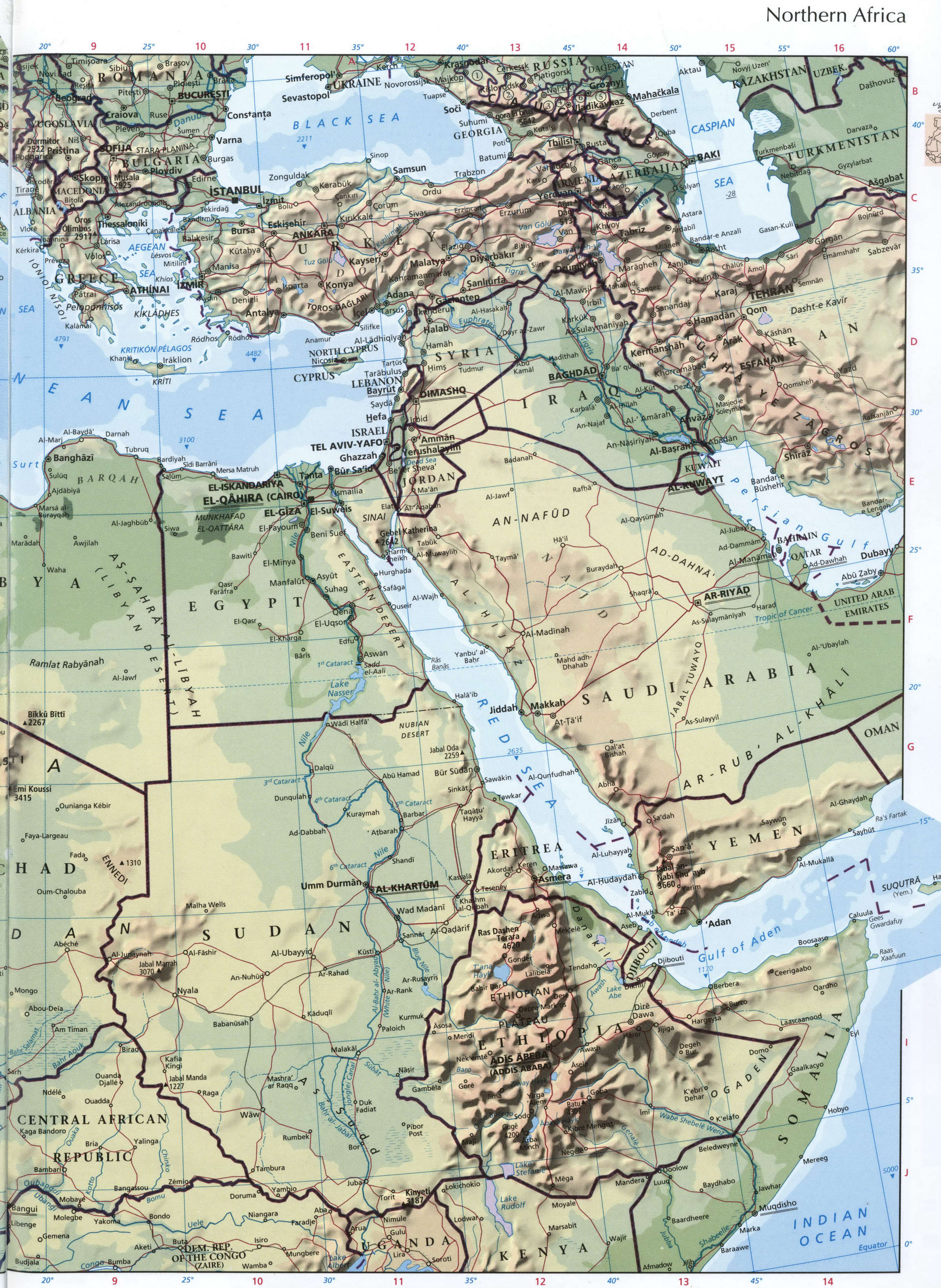 Northern Africa map. Detailed physical map of North Africa with cities and borders Northern Africa map. Detailed physical map of North Africa with cities and borders