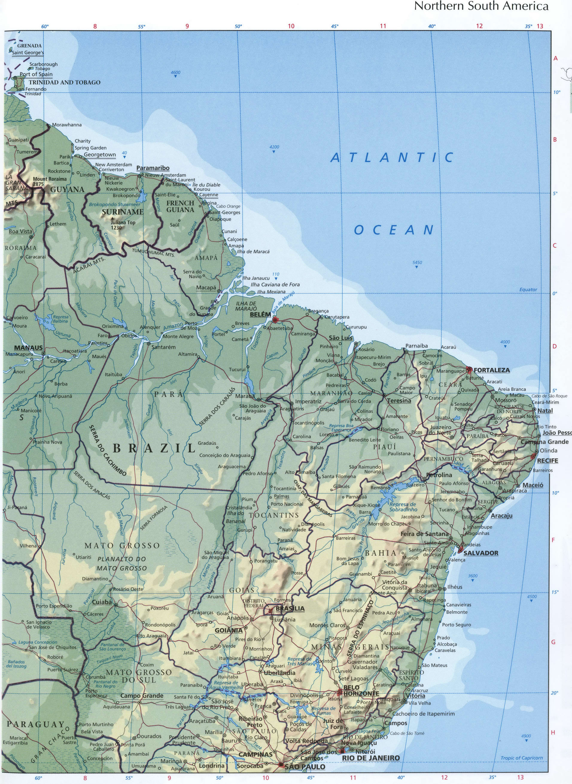 South America map - Northeastern part. South America map - Northwestern part. Detailed physical map of northern South America with borders and capitals South America map - Northeastern part. South America map - Northwestern part. Detailed physical map of northern South America with borders and capitals