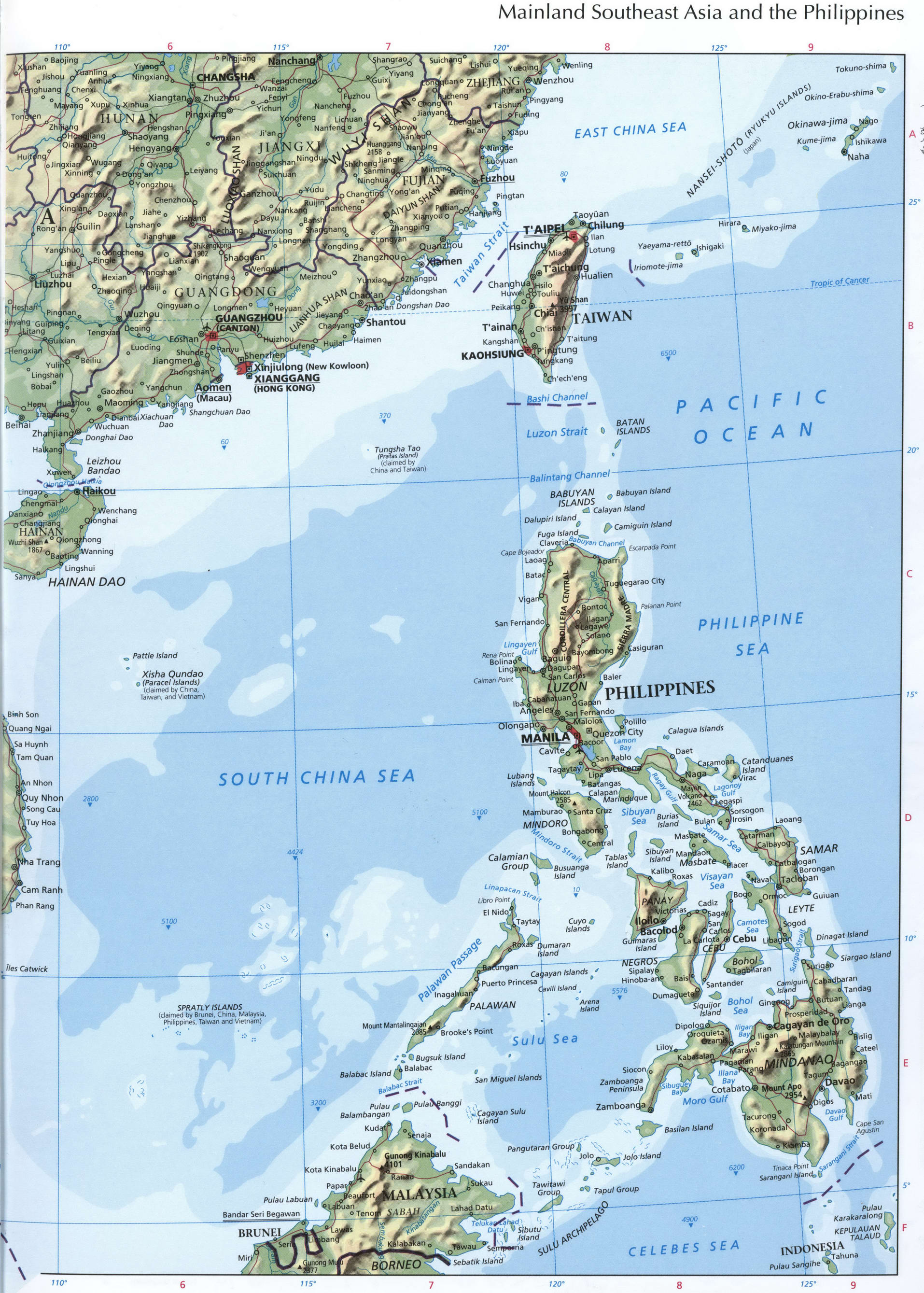 Mainland Southeast Asia and Philippines map. Detailed physical map of Southeast Asia and Philippines Mainland Southeast Asia and Philippines map
