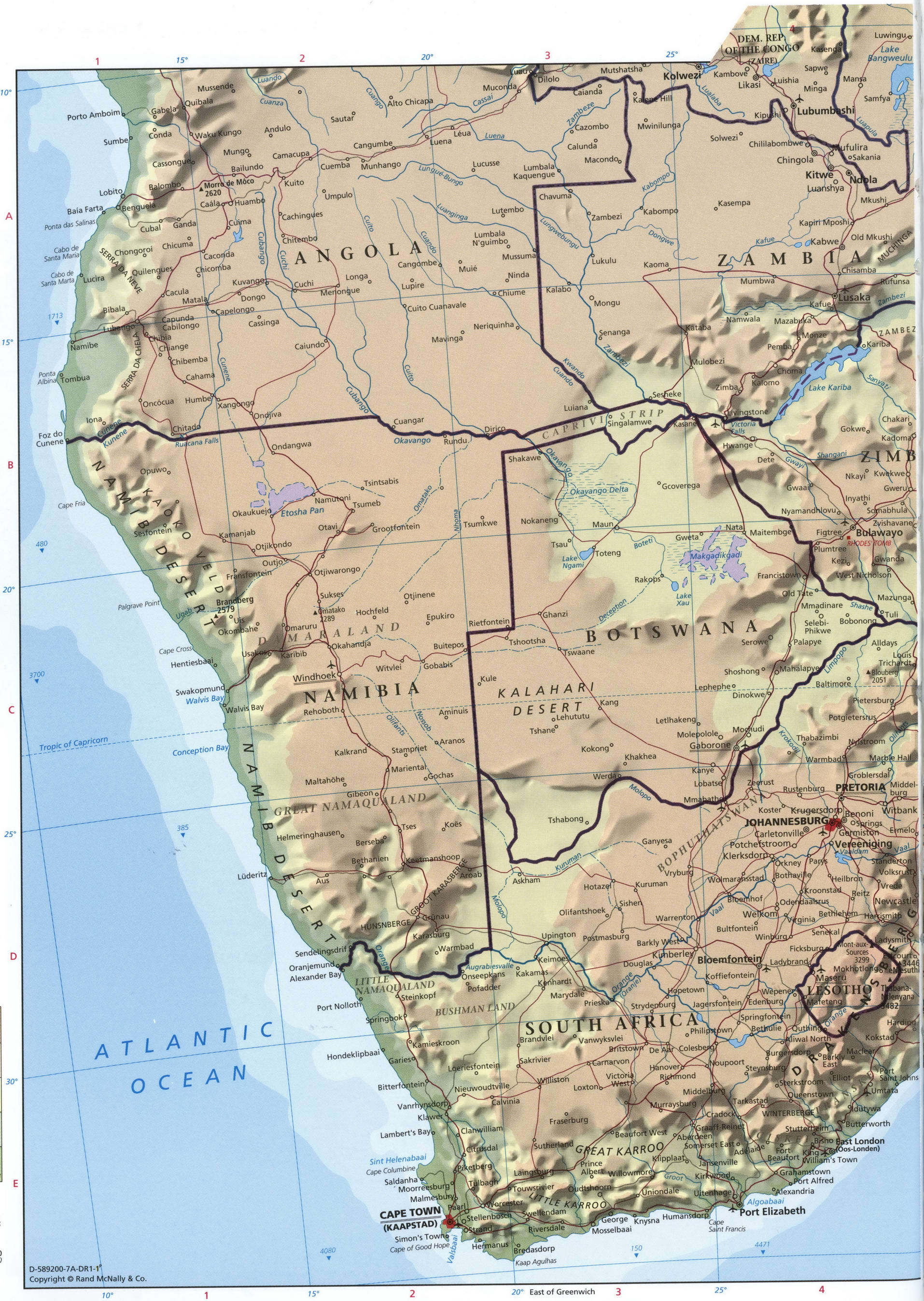 Detailed physical map of the southern half of Africa Detailed physical map of the southern half of Africa