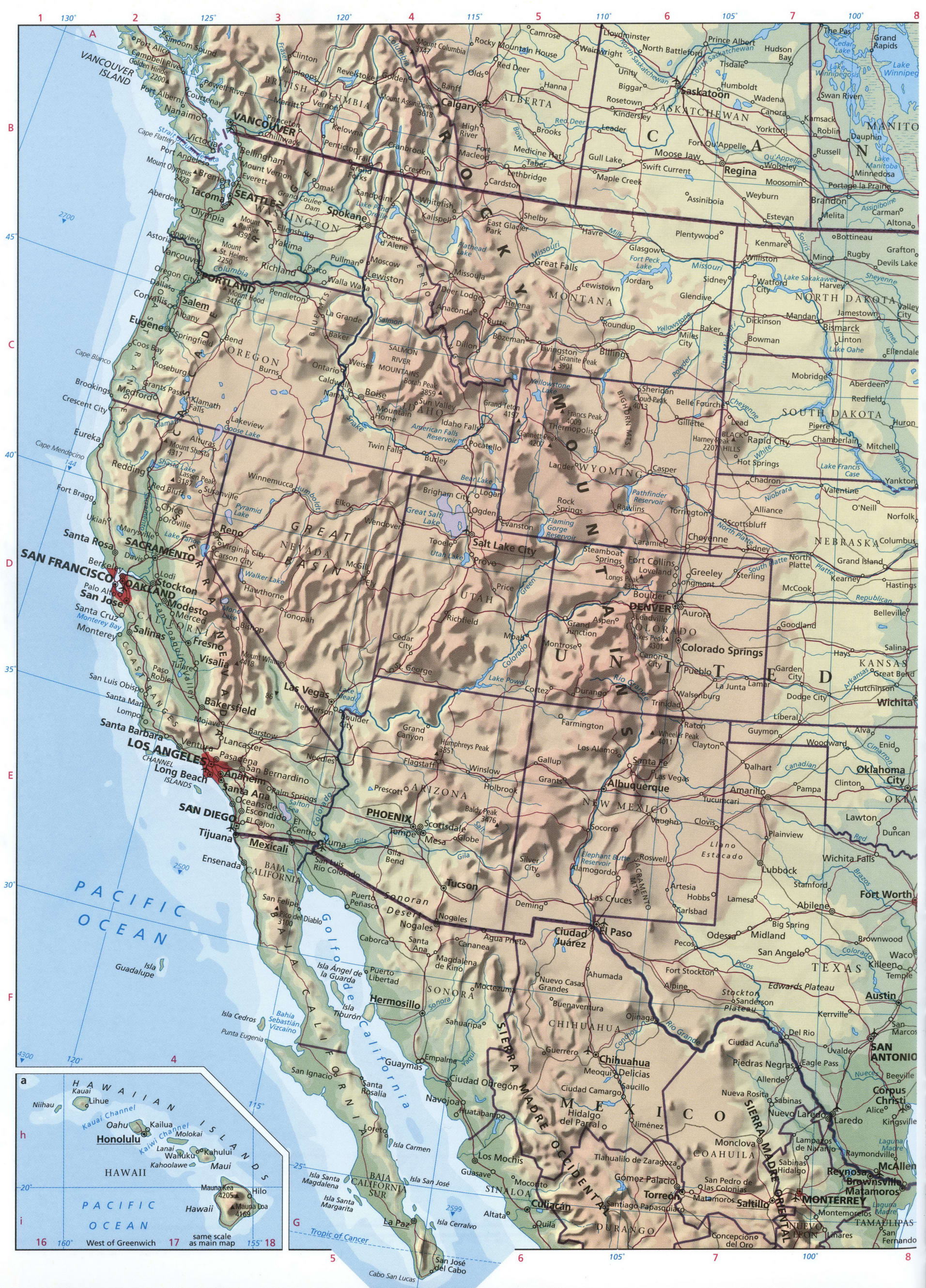 USA western coast map. Detailed physical map of the western USA with cities and roads USA western coast map. Detailed physical map of the western USA with cities and roads