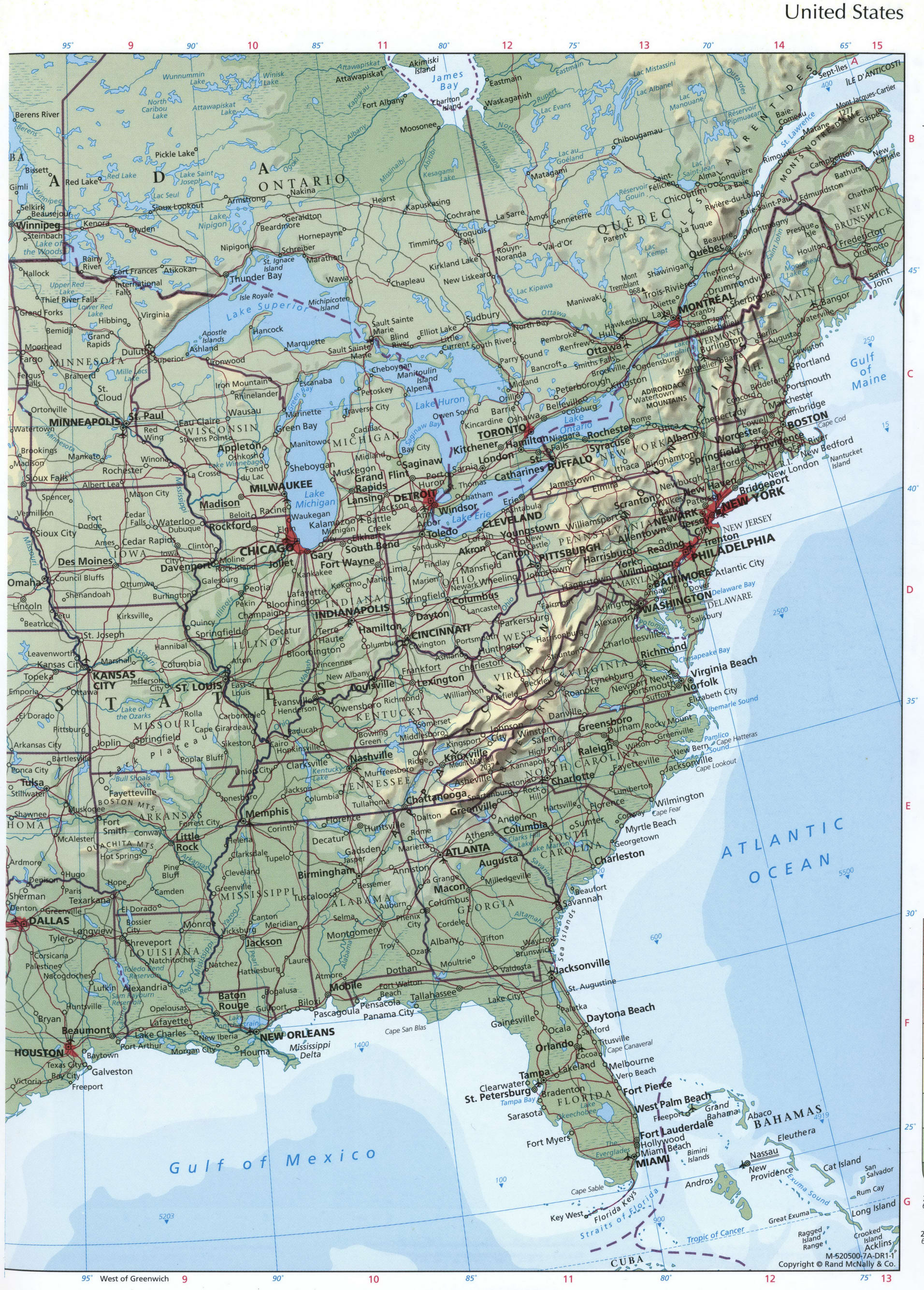 USA eastern coast map. Detailed physical map of the eastern USA with cities and roads USA eastern coast map. Detailed physical map of the eastern USA with cities and roads